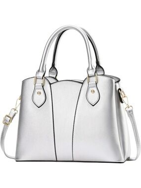 Women's Silver Vegan Leather Zipper Top-handle Satchel With Strap Shoulder Bag